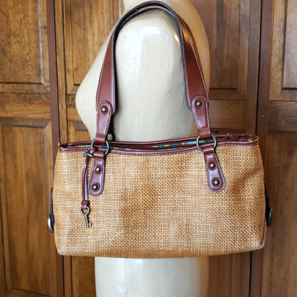 Fossil Tan Woven Shoulder Bag with Brown Leather Trim